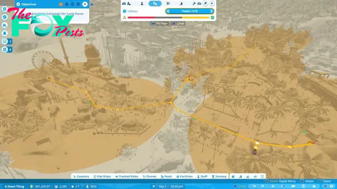 Planet Coaster 2 screenshot showing a power distribution heatmap in Career mode.