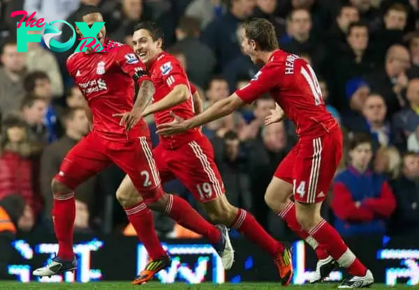 LONDON, ENGLAND - Sunday, November 20, 2011: Liverpool's Glen Johnson celebrates scoring the second goal against Chelsea with team-mates Stewart Downing and Jordan Henderson during the Premiership match at Stamford Bridge. (Pic by David Rawcliffe/Propaganda)