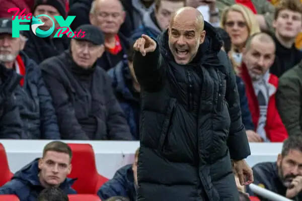 LIVERPOOL, ENGLAND - Sunday, October 16, 2022: Manchester City's manager Josep 'Pep' Guardiola reacts during the FA Premier League match between Liverpool FC and Manchester City FC at Anfield. (Pic by David Rawcliffe/Propaganda)