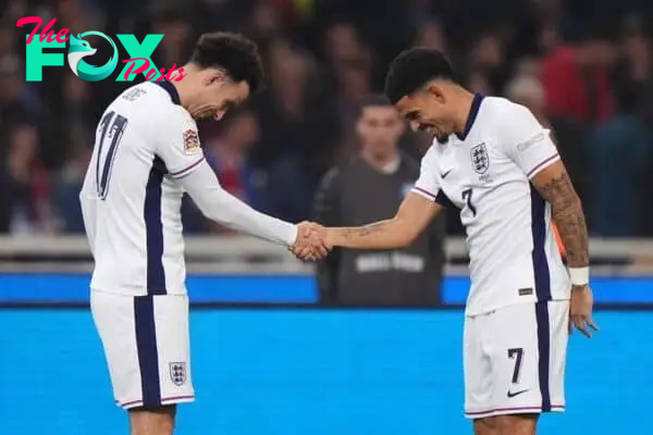 England's Curtis Jones (left) celebrates with team-mate Morgan Gibbs-White after scoring their side's third goal of the game during the UEFA Nations League Group B2 match at the Athens Olympic Stadium in Greece. Picture date: Thursday November 14, 2024.