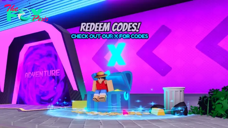 A player dressed as Luffy sits on a chest to redeem codes in Anime Reborn.