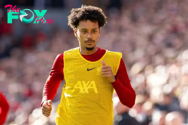 LIVERPOOL, ENGLAND - Saturday, October 21, 2023: Liverpool's substitute Calum Scanlon warms-up during the FA Premier League match between Liverpool FC and Everton FC, the 243rd Merseyside Derby, at Anfield. Liverpool won 2-0. (Photo by David Rawcliffe/Propaganda)