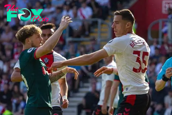 SOUTHAMPTON, ENGLAND - Sunday, May 28, 2023: Liverpool's Harvey Elliott (L) clashes with Southampton's Jan Bednarek during the FA Premier League match between Southampton FC and Liverpool FC at St Mary's Stadium. The game ended in a 4-4 draw. (Pic by David Rawcliffe/Propaganda)