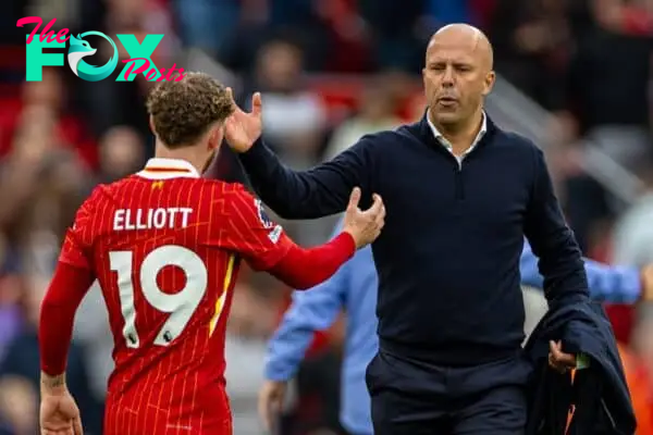 LIVERPOOL, ENGLAND - Sunday, August 25, 2024: Liverpool's head coach Arne Slot (R) and Harvey Elliott after the FA Premier League match between Liverpool FC and Brentford FC at Anfield. Liverpool won 2-0. (Photo by David Rawcliffe/Propaganda)