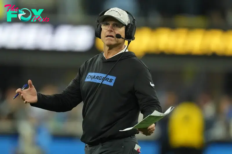 Nov 17, 2024; Inglewood, California, USA; Los Angeles Chargers coach Jim Harbaugh reacts against the Cincinnati Bengals in the second half at SoFi Stadium. Mandatory Credit: Kirby Lee-Imagn Images