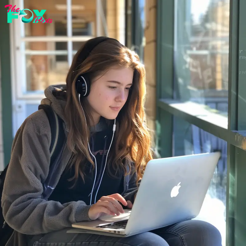 A girl sitting with a laptop and headphones | Source: Midjourney