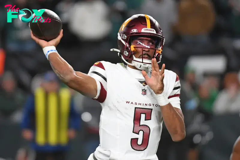 Nov 14, 2024; Philadelphia, Pennsylvania, USA; Washington Commanders quarterback Jayden Daniels (5) against the Philadelphia Eagles at Lincoln Financial Field. Mandatory Credit: Eric Hartline-Imagn Images