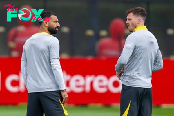 LIVERPOOL, ENGLAND - Monday, September 16, 2024: Liverpool's Mohamed Salah (L) and Andy Robertson during a training session at the AXA Training Centre ahead of the UEFA Champions League match between AC Miland and Liverpool FC. (Photo by Jon Super/Propaganda)