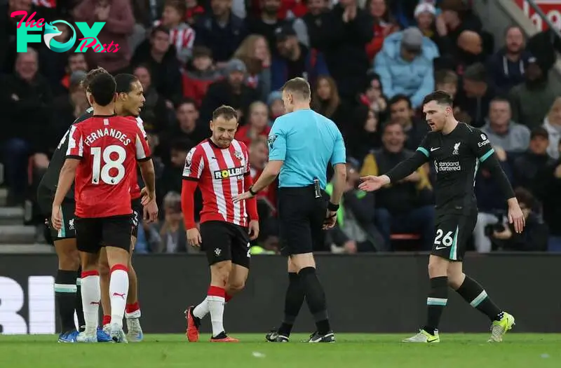 Referee Samuel Barrott awarded the Saints a controversial penalty after Andy Robertson had fouled Tyler Dibling.