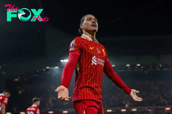 LIVERPOOL, ENGLAND - Saturday, November 9, 2024: Liverpool's Darwin Núñez celebrates after scoring the opening goal during the FA Premier League match between Liverpool FC and Aston Villa FC at Anfield. (Photo by David Rawcliffe/Propaganda)