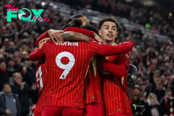 LIVERPOOL, ENGLAND - Saturday, November 9, 2024: Liverpool's Darwin Núñez (#9) celebrates with team-mate Curtis Jones (R) after scoring the opening goal during the FA Premier League match between Liverpool FC and Aston Villa FC at Anfield. Liverpool won 2-0. (Photo by David Rawcliffe/Propaganda)