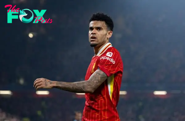 LIVERPOOL, ENGLAND - Wednesday, October 2, 2024: Liverpool's Luis Díaz celebrates after scoring the opening goal during the UEFA Champions League game between Liverpool FC and Bayer Leverkusen at Anfield. (Photo by David Rawcliffe/Propaganda)