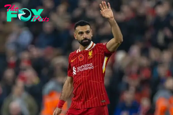 LIVERPOOL, ENGLAND - Saturday, November 9, 2024: Liverpool's goal-scorer Mohamed Salah celebrates after the FA Premier League match between Liverpool FC and Aston Villa FC at Anfield. Liverpool won 2-0. (Photo by David Rawcliffe/Propaganda)