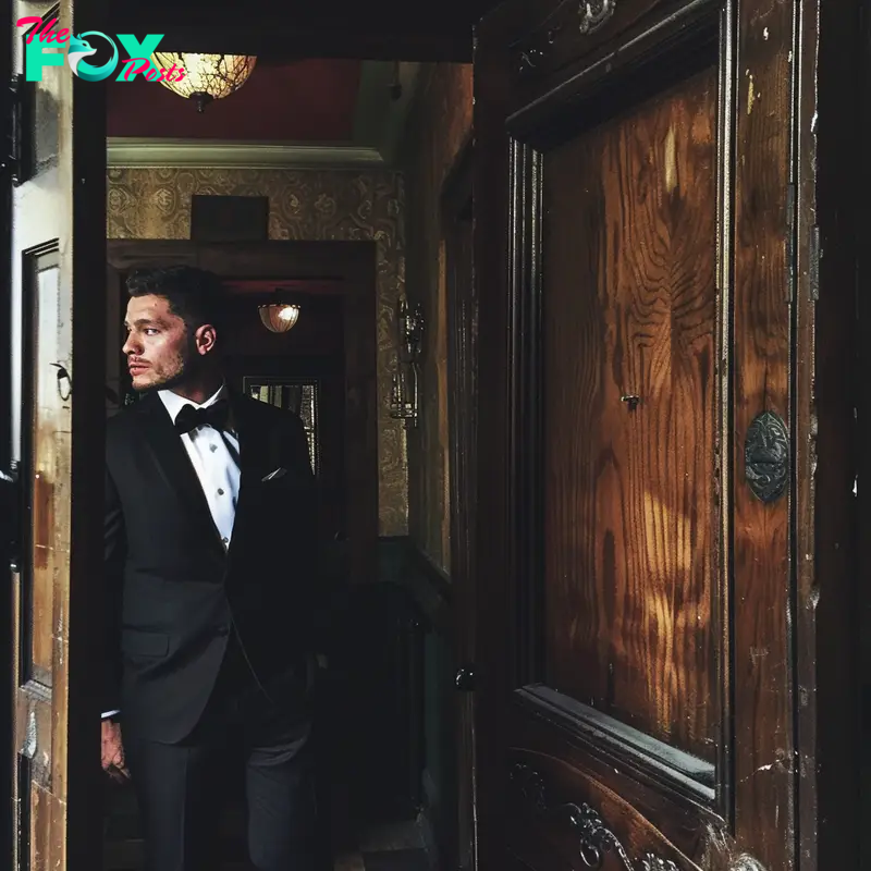 A groom standing by a door | Source: Midjourney