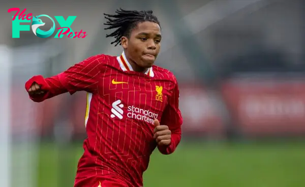 KIRKBY, ENGLAND - Tuesday, November 5, 2024: Liverpool's Rio Ngumoha during the UEFA Youth League game between Liverpool FC Under-19's and Bayer Leverkusen Under-19's at the Liverpool Academy. (Photo by David Rawcliffe/Propaganda)