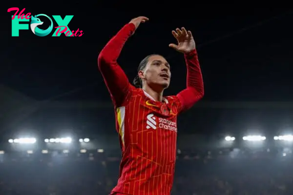 LIVERPOOL, ENGLAND - Saturday, November 9, 2024: Liverpool's Darwin Núñez celebrates after scoring the opening goal during the FA Premier League match between Liverpool FC and Aston Villa FC at Anfield. Liverpool won 2-0. (Photo by David Rawcliffe/Propaganda)