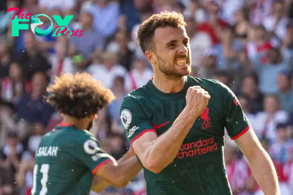 SOUTHAMPTON, ENGLAND - Sunday, May 28, 2023: Liverpool's Diogo Jota celebrates after scoring the fourth goal, to level the score at 4-4, during the FA Premier League match between Southampton FC and Liverpool FC at St Mary's Stadium. (Pic by David Rawcliffe/Propaganda)