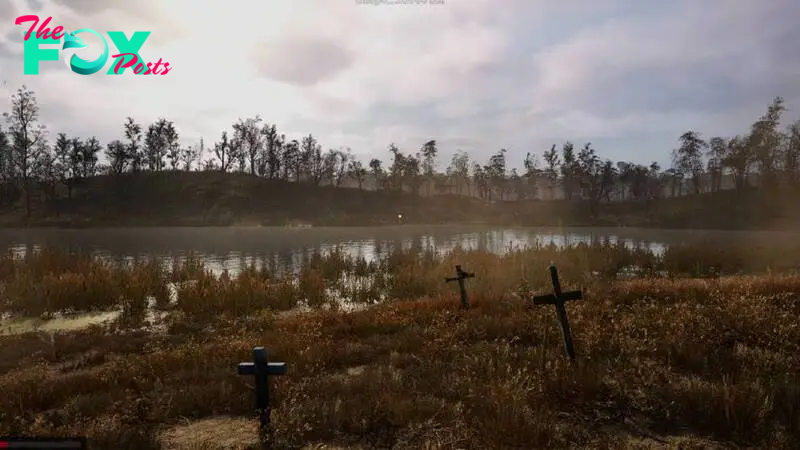 STALKER 2 scenery with crosses for graves and highly detailed grass and small lake with trees around it