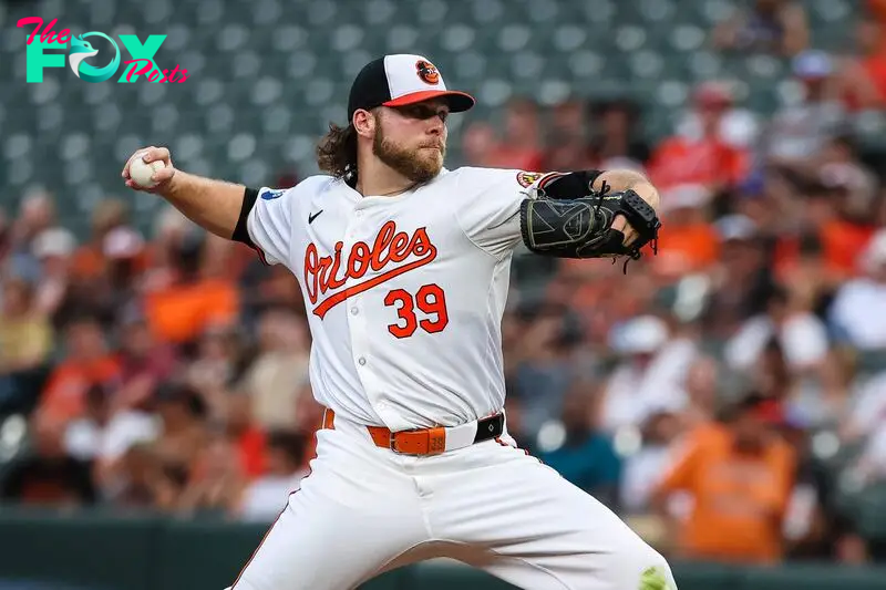 BALTIMORE, MD - JULY 10: Corbin Burnes #39 of the Baltimore Orioles pitches against the Chicago Cubs in the second inning at Oriole Park at Camden Yards on July 10, 2024 in Baltimore, Maryland.   Scott Taetsch/Getty Images/AFP (Photo by Scott Taetsch / GETTY IMAGES NORTH AMERICA / Getty Images via AFP)