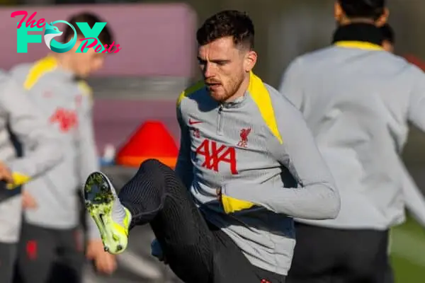 LIVERPOOL, ENGLAND - Tuesday, November 26, 2024: Liverpool's Andy Robertson during a training session at the AXA Training Centre ahead of the UEFA Champions League match between Liverpool FC and Real Madrid CF. (Photo by David Rawcliffe/Propaganda)