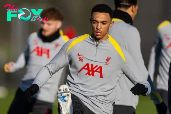 LIVERPOOL, ENGLAND - Tuesday, November 26, 2024: Liverpool's Trent Alexander-Arnold during a training session at the AXA Training Centre ahead of the UEFA Champions League match between Liverpool FC and Real Madrid CF. (Photo by David Rawcliffe/Propaganda)