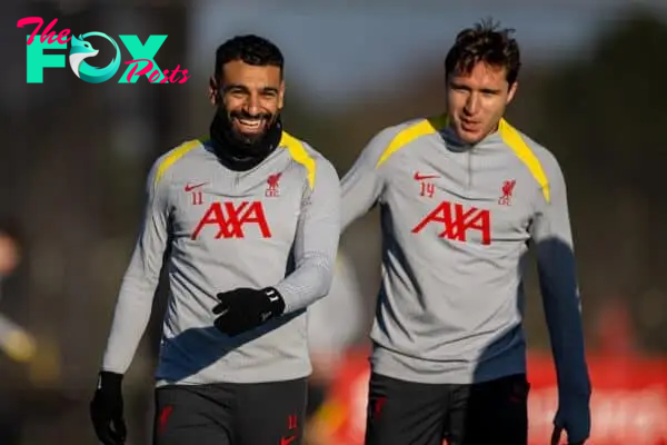 LIVERPOOL, ENGLAND - Tuesday, November 26, 2024: Liverpool's Mohamed Salah (L) and Federico Chiesa during a training session at the AXA Training Centre ahead of the UEFA Champions League match between Liverpool FC and Real Madrid CF. (Photo by David Rawcliffe/Propaganda)