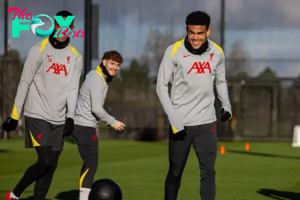 LIVERPOOL, ENGLAND - Tuesday, November 26, 2024: Liverpool's Ryan Gravenberch (L) and Luis Díaz during a training session at the AXA Training Centre ahead of the UEFA Champions League match between Liverpool FC and Real Madrid CF. (Photo by David Rawcliffe/Propaganda)