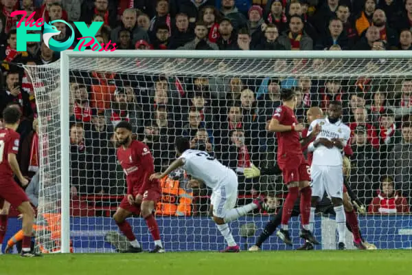 LIVERPOOL, ENGLAND - Tuesday, February 21, 2023: Real Madrid's Éder Militão scores the third goal during the UEFA Champions League Round of 16 1st Leg game between Liverpool FC and Real Madrid at Anfield. (Pic by David Rawcliffe/Propaganda)