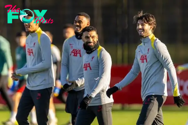 LIVERPOOL, ENGLAND - Tuesday, November 26, 2024: Liverpool's (L-R) Jarell Quansah, Ryan Gravenberch, Mohamed Salah and Dominik Szoboszlai during a training session at the AXA Training Centre ahead of the UEFA Champions League match between Liverpool FC and Real Madrid CF. (Photo by David Rawcliffe/Propaganda)