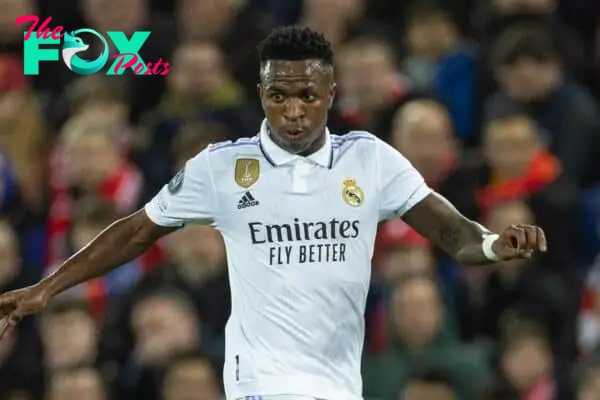 LIVERPOOL, ENGLAND - Tuesday, February 21, 2023: Real Madrid's Vinícius Júnior during the UEFA Champions League Round of 16 1st Leg game between Liverpool FC and Real Madrid at Anfield. (Pic by David Rawcliffe/Propaganda)