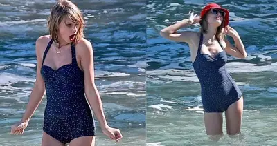 Taylor Swift Poses Adorably For Paparazzi Wearing Cute Retro Swimsuit In Hawaii