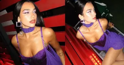 Busty Dua Lipa stuns in a bejewelled satin corset and strappy mesh dress with fishnet stockings in behind-the-scenes tour snaps from the Primavera festival
