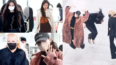 BLACKPINK is greeted by a huge crowd at Incheon airport on their way to London for their concerts in Europe – Lisa, Rose, and Jisoo have a funny moment as they jump for the fans