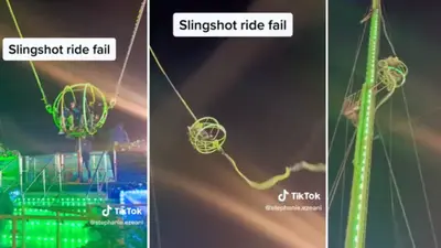 Watch: Teenagers left dangling high above crowd after slingshot ride malfunctions