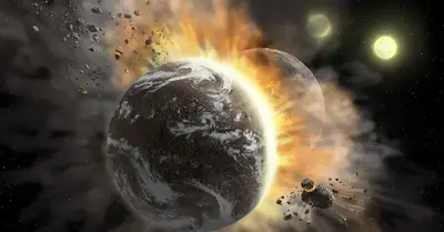 One planet loses its atmosphere as two planets collide in outer space.