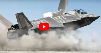 The US F-35B helicopter accelerates for takeoff in helicopter mode