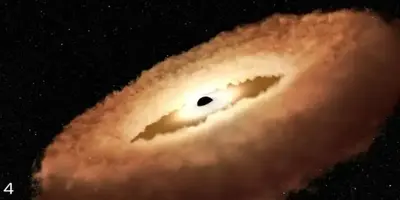 A black hole is observed by NASA’s Hubble Space Telescope twisting a star into a “donut.”