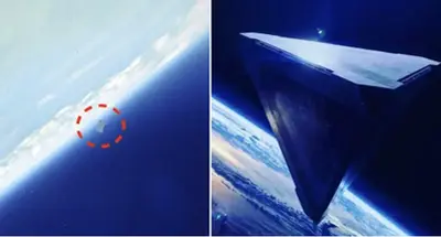 A strange triangular UFO is seen in an old image of Nasa .'s "Space Shuttle"