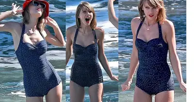Taylor Swift hits all the right notes in a retro polka dot swimsuit as she soaks up the sun