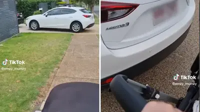 Queensland mum calls out ‘idiots’ who park their car over the footpath