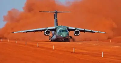 An Embraer C-390 Millenium military cargo aircraft is conducting runway testing