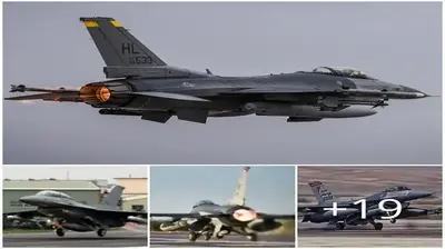 An F-16 fighter jet takes off, flies, and arrives at Nellis Air Force Base