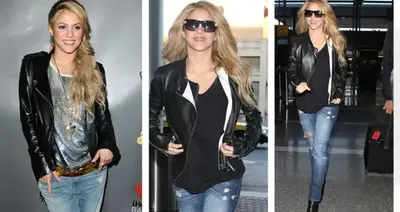 Shakira wears her favourite combination of denim and leather as she jets out of LA