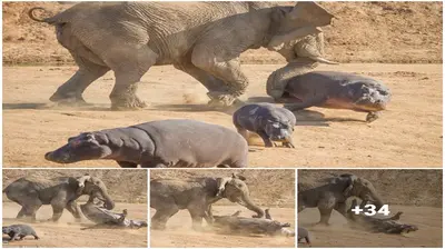 An enraged elephant threw the mother hippo into the air, but she endured it to let her baby to flee