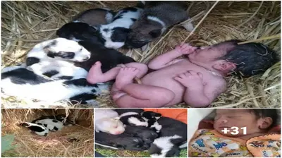 Puppies cuddle with a newborn infant to keep her warm and alive just before neighbors see her.