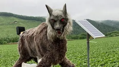 Electronic wolves with glowing red eyes watch over Japanese landscapes