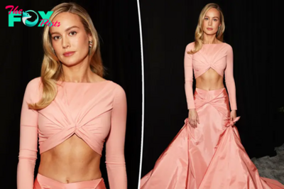 Brie Larson bares her abs in pink crop top and skirt on SAG Awards 2024 red carpet