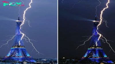 A bolt from the blue… Dramatic moment thunderbolt lights up Eiffel Tower, The iconic Eiffel Tower, already a breathtaking sight on the Paris skyline, experienced a truly electrifying moment when Mother Nature decided to add a touch of her own brilliance