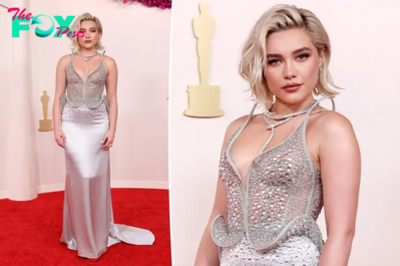 Florence Pugh goes sculptural and sparkly for Oscars 2024 red carpet in silver corset gown