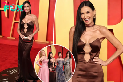 Demi Moore, 61, shows off her curves in plunging cutout gown at 2024 Vanity Fair Oscars party